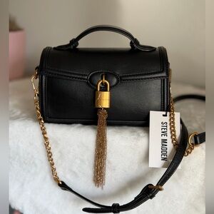 Steve Madden Black Top Handle Crossbody Bag Satchel Gold Lock Chain Tassel NWT